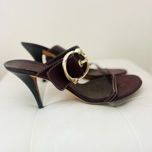 Gucci Chocolate Brown Leather Mule Heels Gold Buckle Sandals Size 8.5
